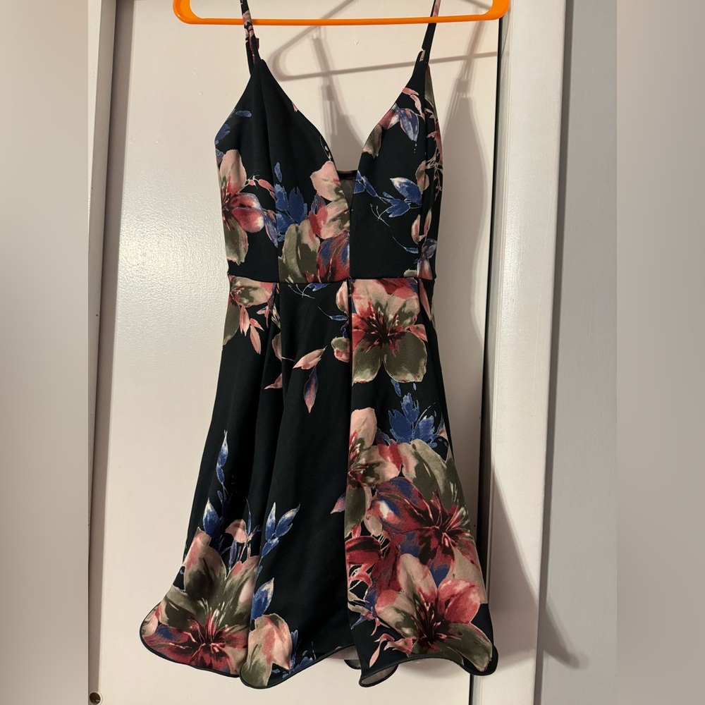 Black floral deep v-neck skinny strap dress. Windsor, size medium. Worn once.